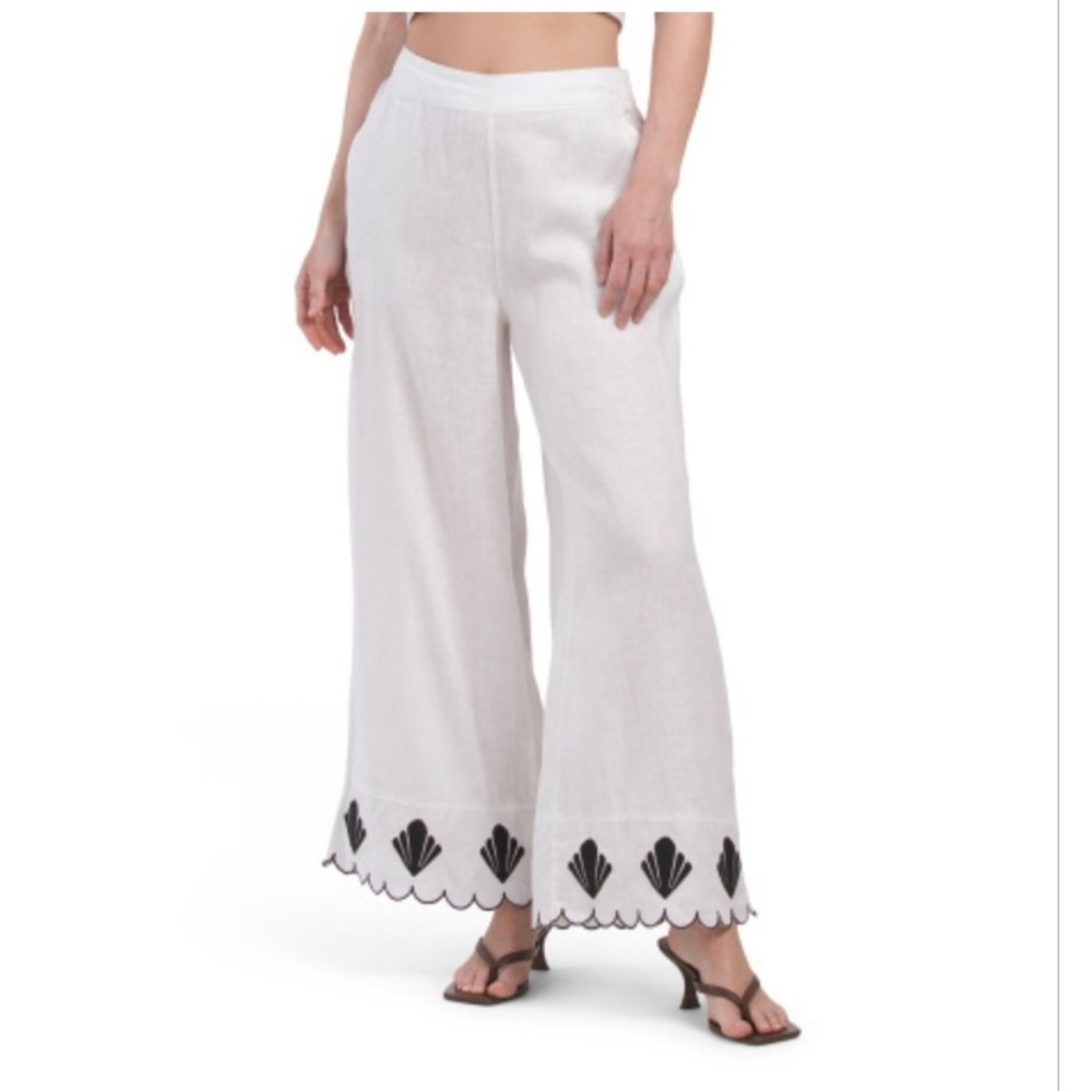 Calypso St. Barth wide leg linen pants Embroidered Pull On coastal preppy boho